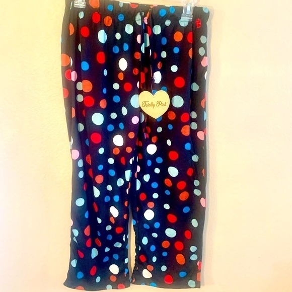 NWT Pajama Pants Large (Girls) Totally Pink Soft Fabric Black Multicolored Dots - Picture 1 of 8